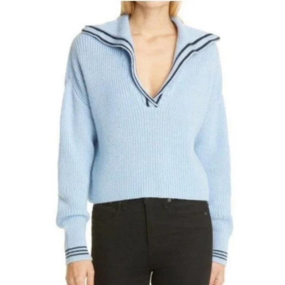 Cinq a Sept Blue Wool blend Cecile Sailor Ribbed Oversize Crop Sweater